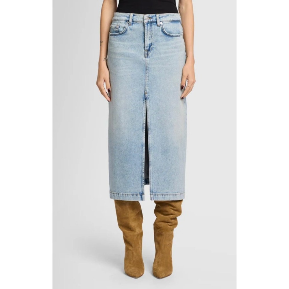 7 For All Mankind Amber Denim Midi Skirt Light Wash Size 27 NWOT High Waist Chic